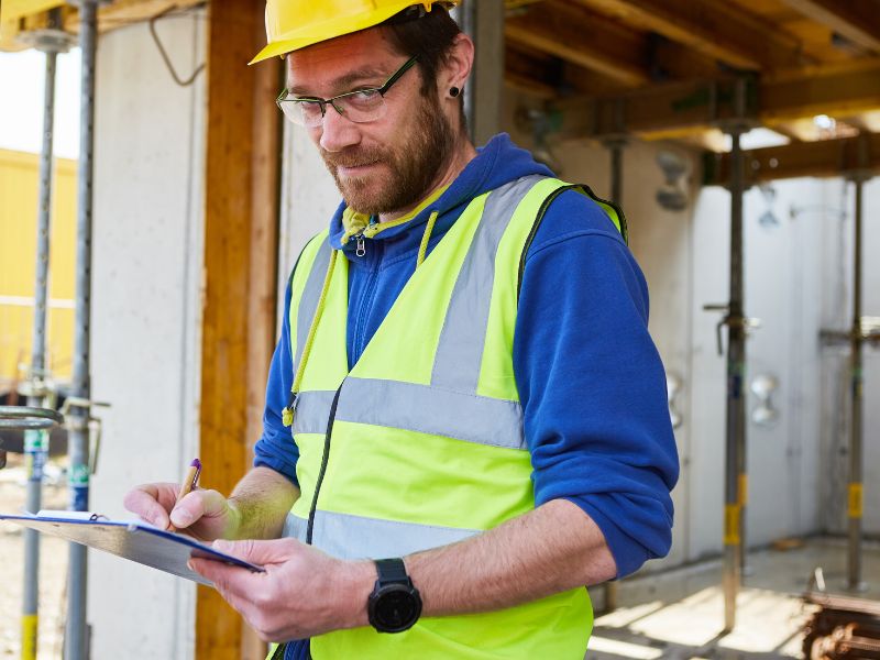 artisan avec casque dans le bâtiment